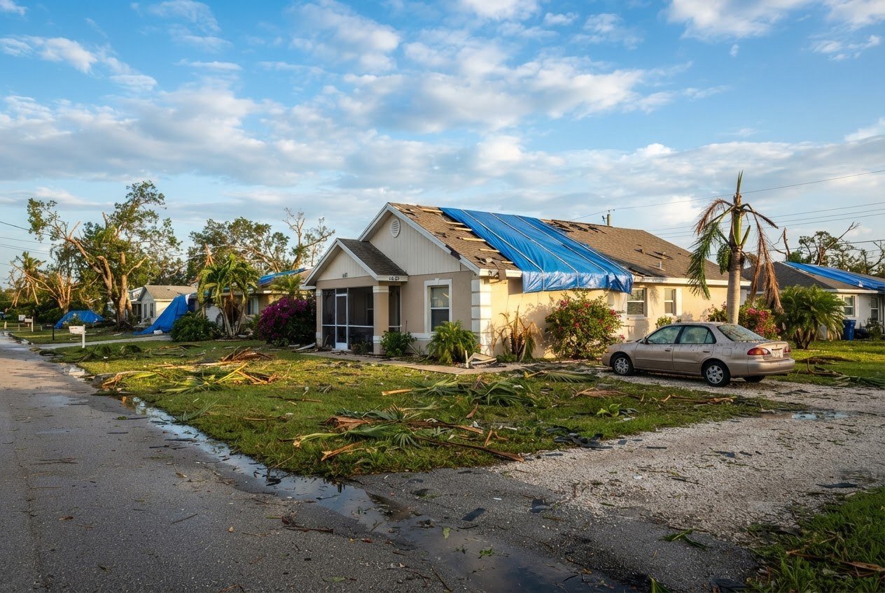 Toit de maison floridienne bâché après le passage d'un ouragan