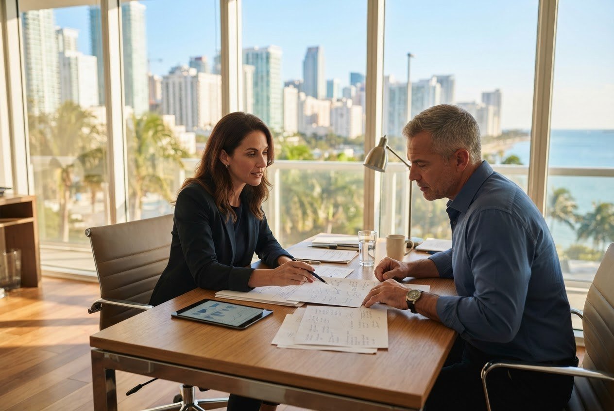 Entrepreneur francophone en rendez-vous avec son agent d'assurance dans un bureau à Miami
