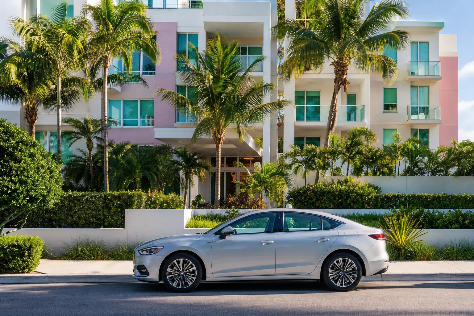 Car parked outside a Miami apartment building on a palm-lined street