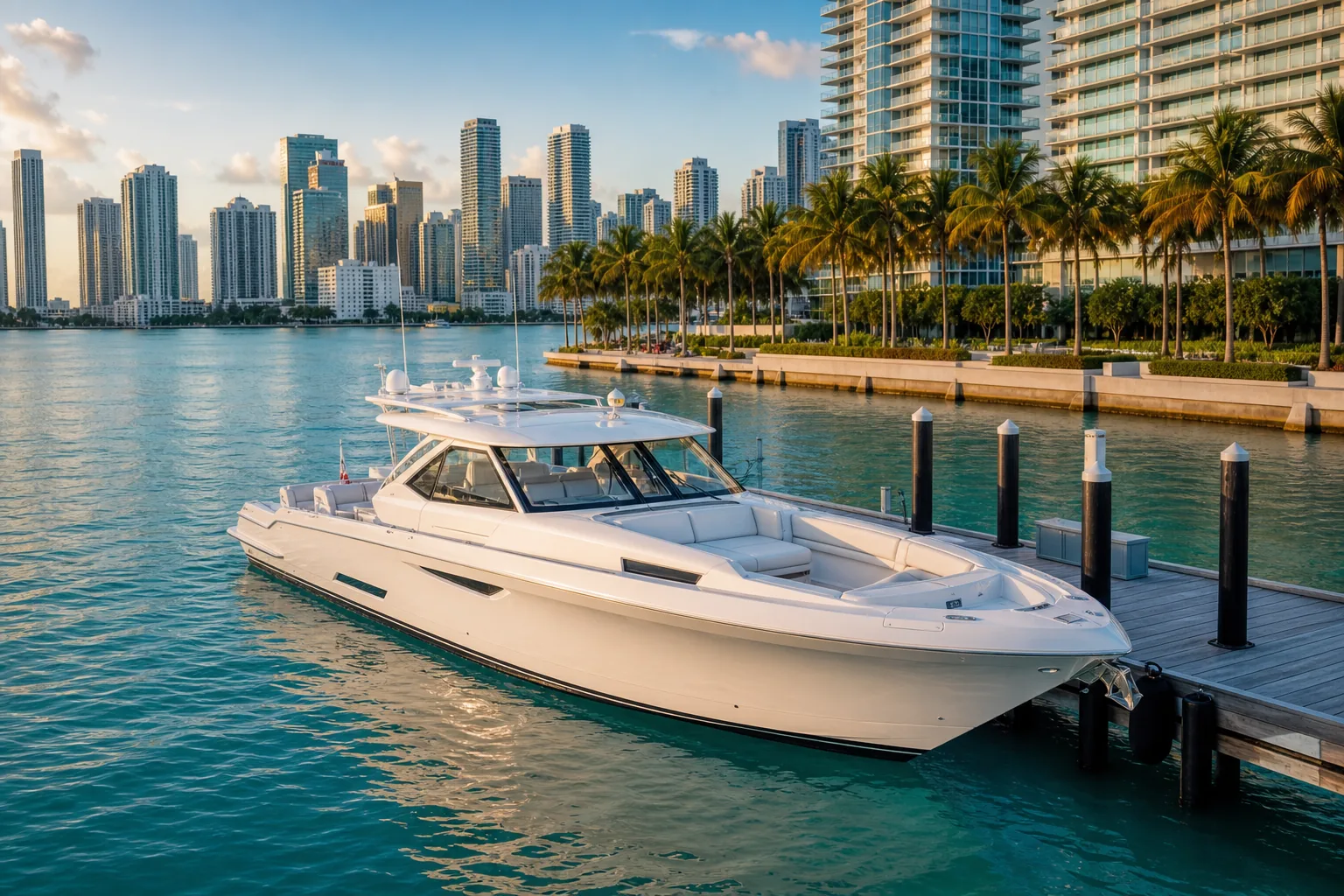 Luxury boat moored at a Miami marina on Biscayne Bay with the city skyline behind it