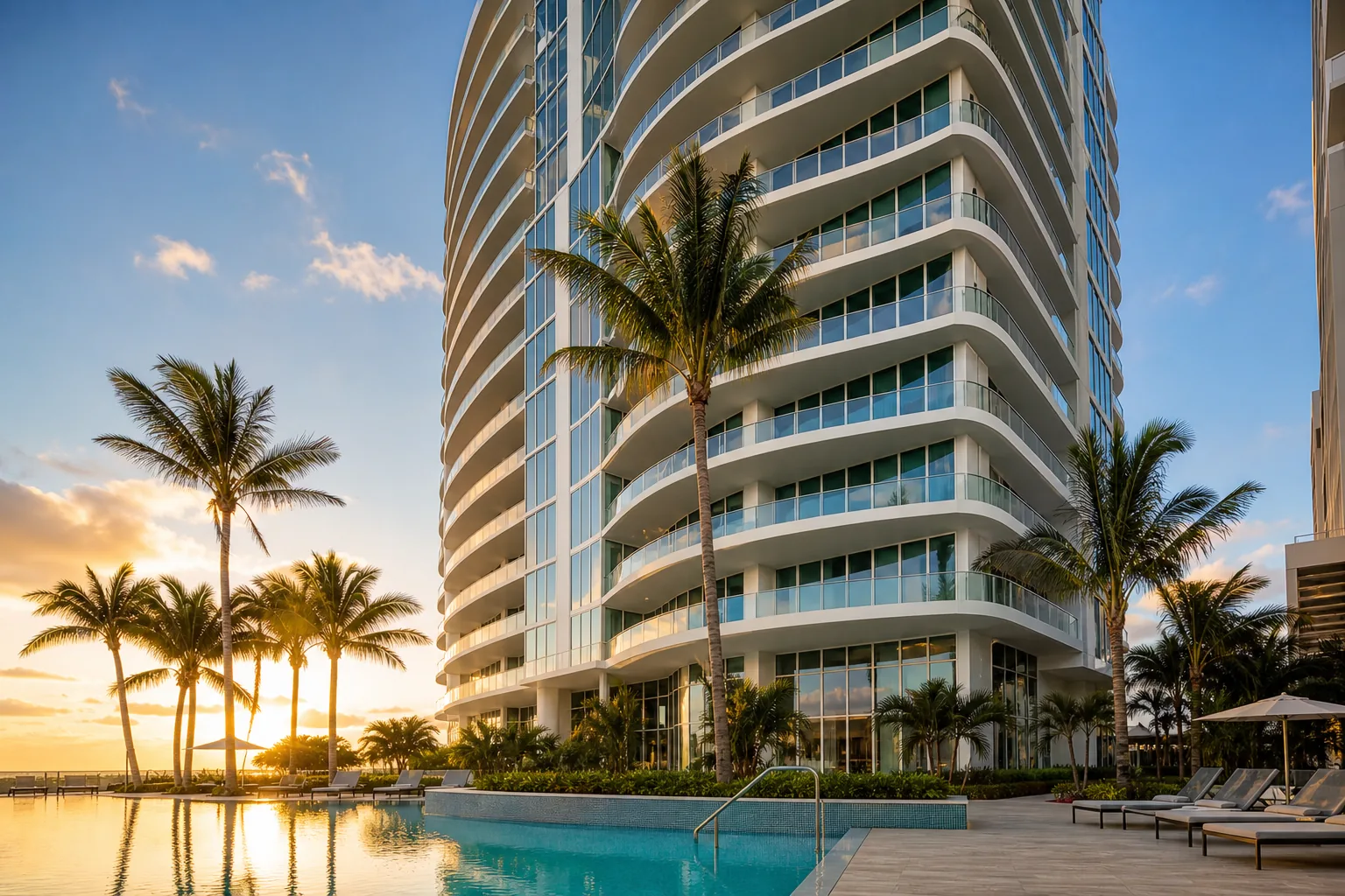 Luxury Miami Beach condominium tower with glass balconies and palm trees at sunset