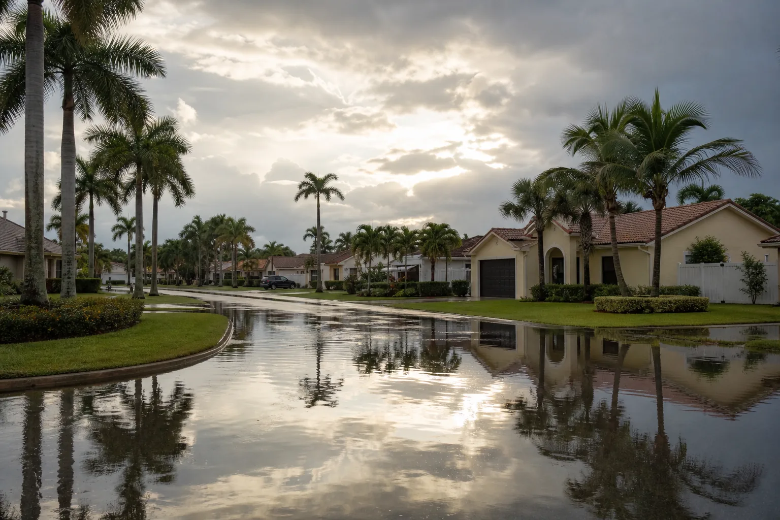Standing floodwater on a residential Miami-Dade street after heavy tropical rain