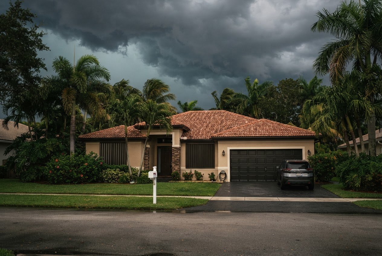 Maison en Floride avec volets anti-ouragan sous un ciel d'orage