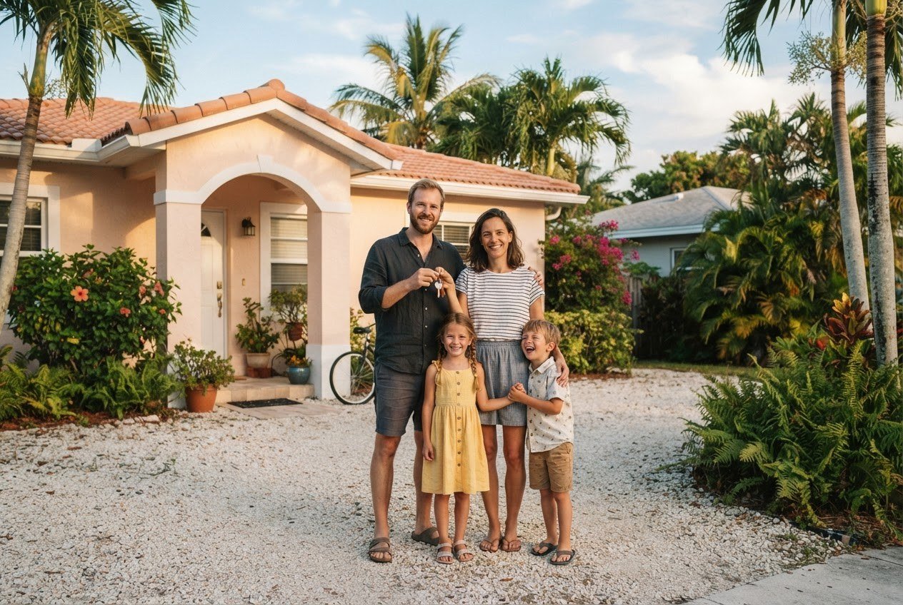 Famille devant une maison de Floride avec palmiers en fin de journée