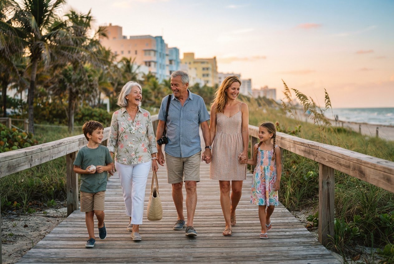 Grands-parents et petits-enfants sur une plage de Floride au coucher du soleil