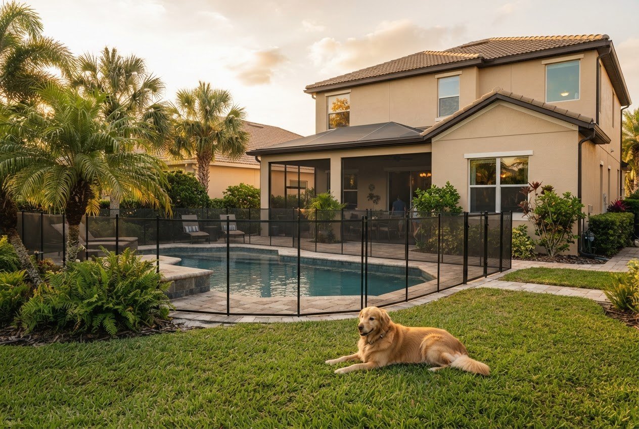 Jardin de Floride avec piscine clôturée, chien et palmiers en fin de journée