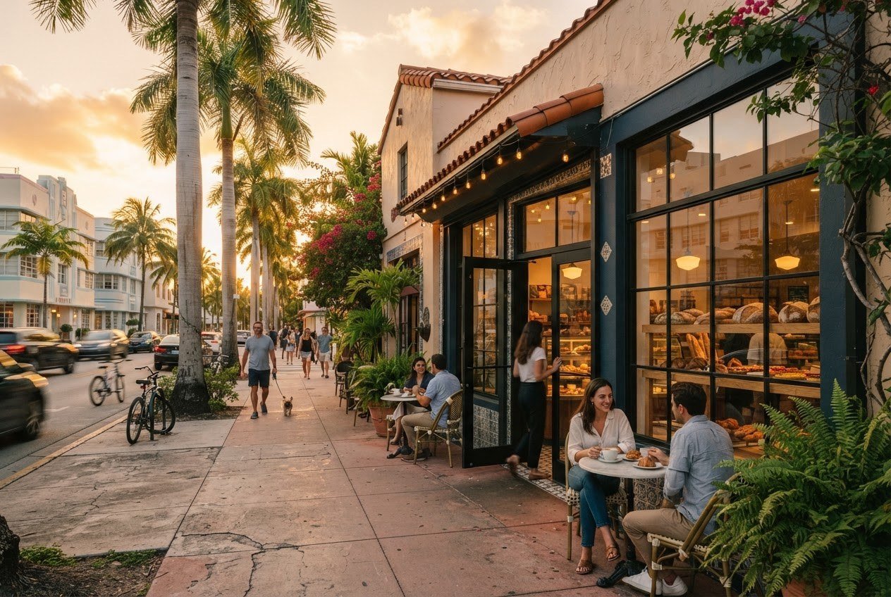 Commerce indépendant à Miami en fin de journée, terrasse et palmiers