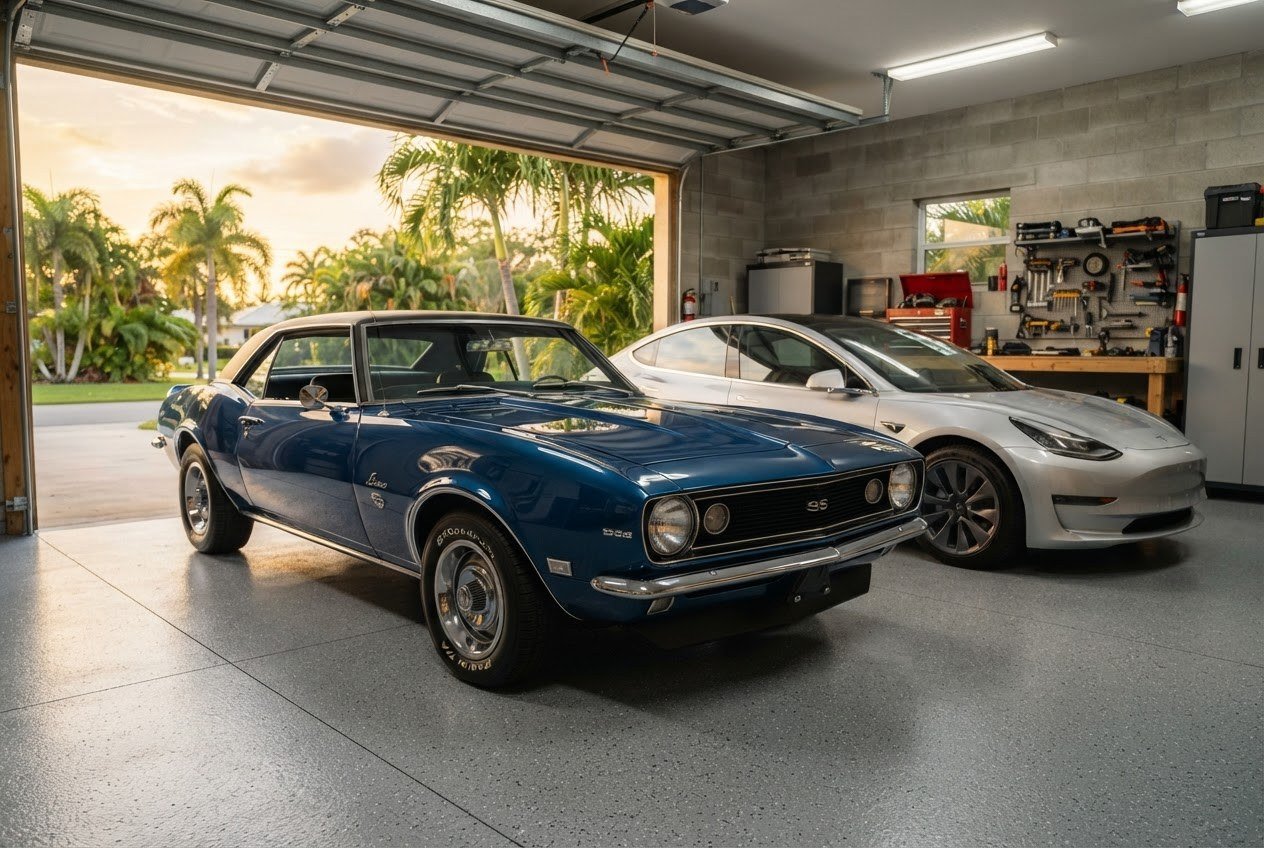 Restored 1960s muscle car in a Florida garage beside a modern daily-driver car
