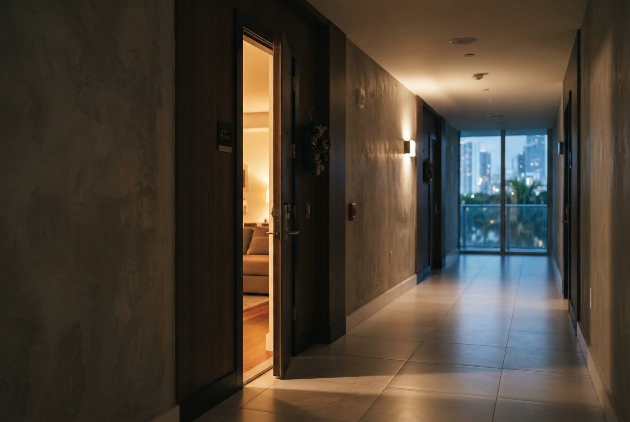 Apartment door left ajar in a Miami building hallway at dusk