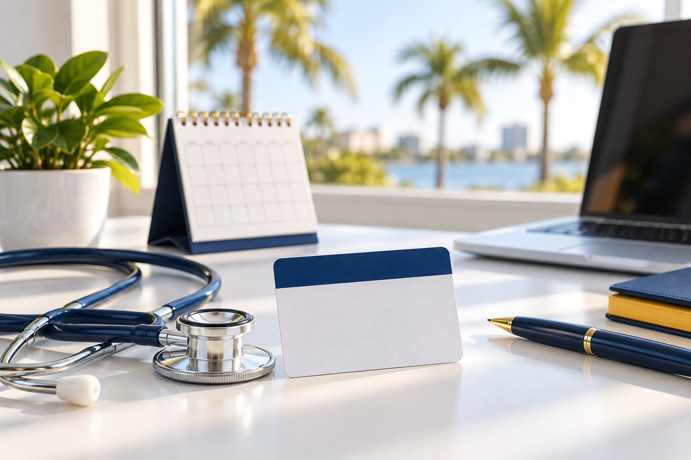 Florida desk with a stethoscope, a blank health insurance card and a calendar for ACA open enrollment 2027